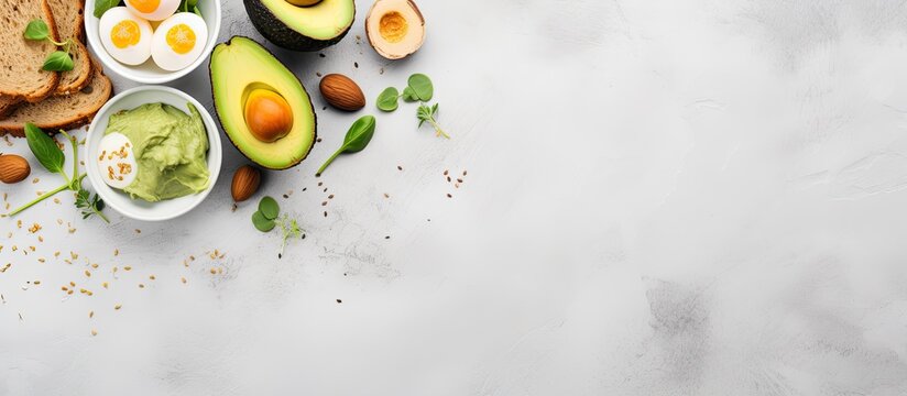 Whole grain toasts plated avocado with eggs mini herbs sunflower seeds served on a ceramic white board over grey concrete background top view long wide banner background Diet food concept