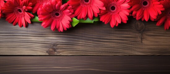 Bouquet of beautiful red gerbera flowers on wooden background top view Space for text. copy space available