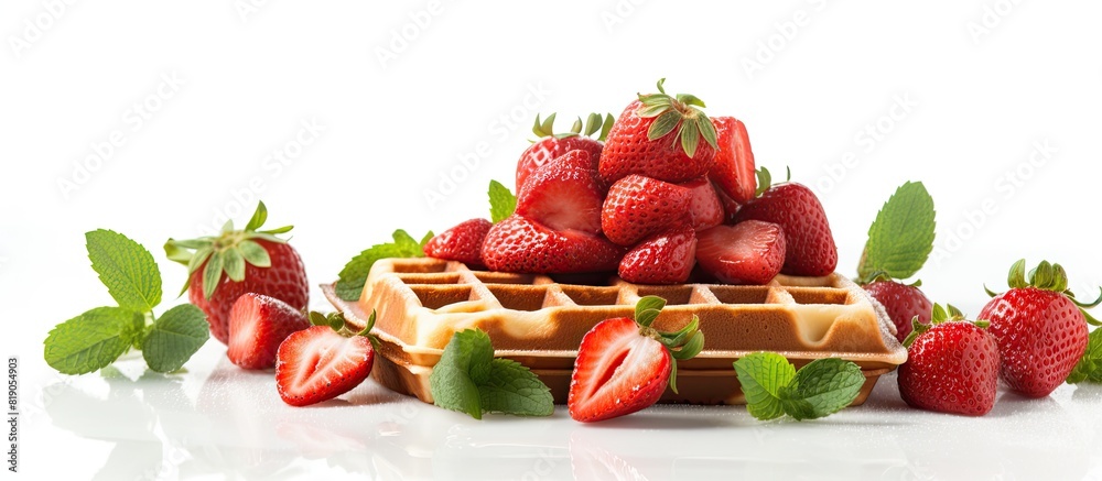 Poster waffles with strawberries and mint on a white background copy space