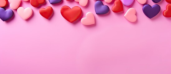 Heart of different colors on a pink background Valentine s day concept. copy space available