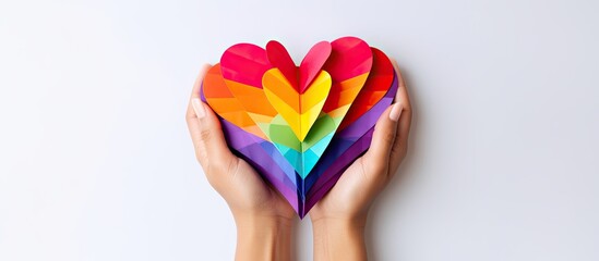 Female hands with rainbow paper heart isolated on white background Copy space
