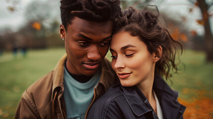 Fototapeta premium Young interracial couple sharing a tender moment in a park, close-up of their faces showing affection and connection, autumn background
