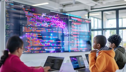 Crowd sitting in front of building using laptops and electronic devices