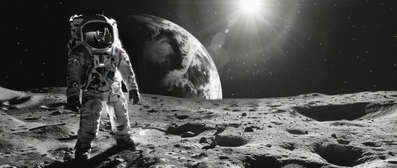 An astronaut on the surface of the moon looks at planet earth.