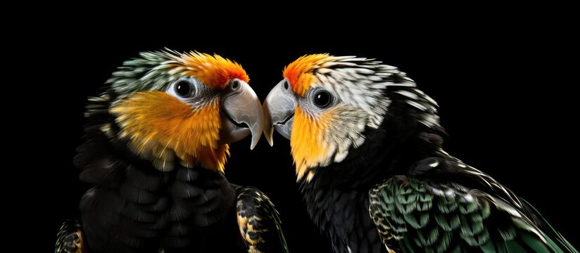 Two caique birds looking at each other on a black background. copy space available