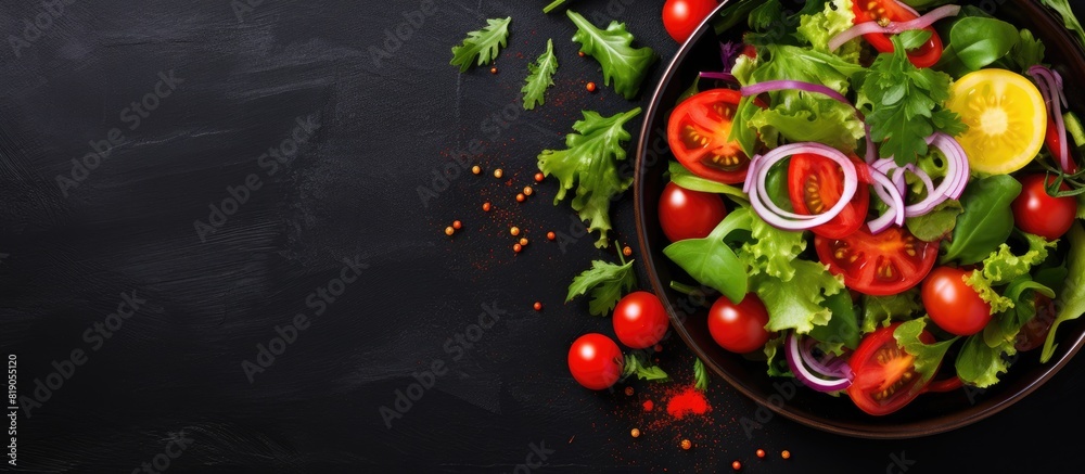 Poster ready served salad in bowl on dark table background view from above detox healthy food concept. copy