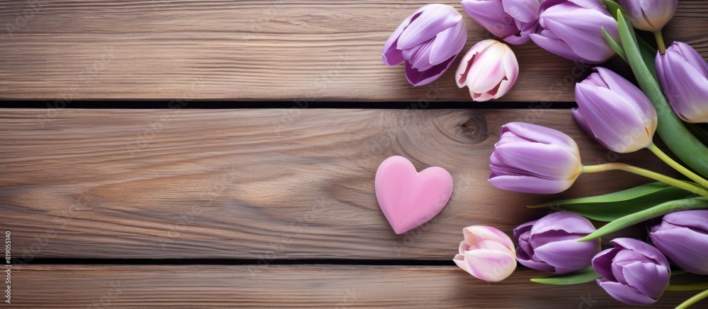 Poster lilac flowers and tulips with a heart in pastel colors on a wooden background with space for text. c
