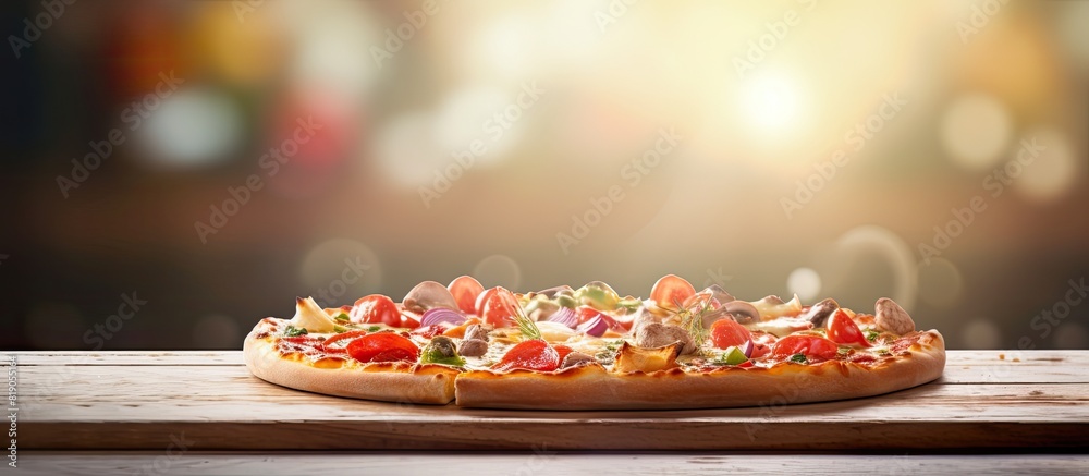 Poster a delicious pizza with copy space image sitting on a table at a restaurant