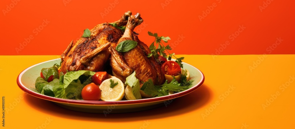 Poster fried quail and fresh vegetables in a plate red background top view food for menu. copy space available