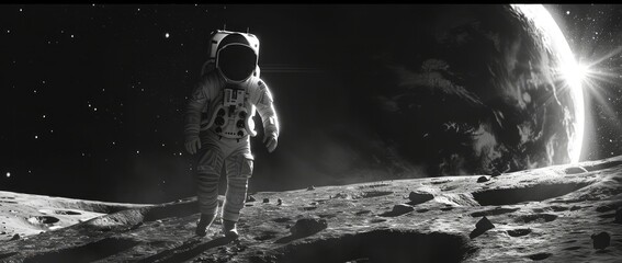 Obraz premium An astronaut on the surface of the moon looks at planet earth.