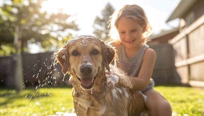 A little girl is giving a bath to her companion dog in the backyard