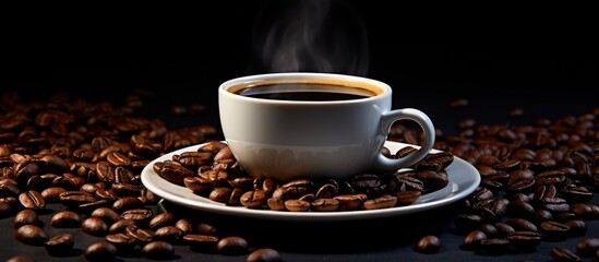 The copy space image features a cup and saucer on a black background surrounded by coffee beans