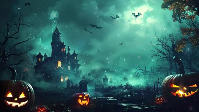 Halloween background. Old castle spooky atmosphere on full moon halloween night. Bat and moon background. Halloween party. Ghost halloween. Pumpkin halloween. Witch halloween. Halloween costume. 4K 