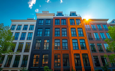 Colorful facades of houses. Modern apartment buildings on sunny day