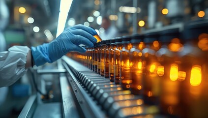 Hands in Blue Gloves Handling Vials on a Production Line in a Laboratory or Pharmaceutical Factory