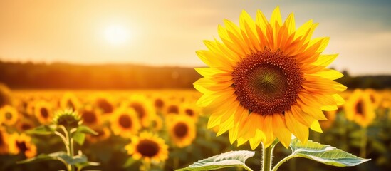 Obraz premium Sunflower is blooming in field. copy space available