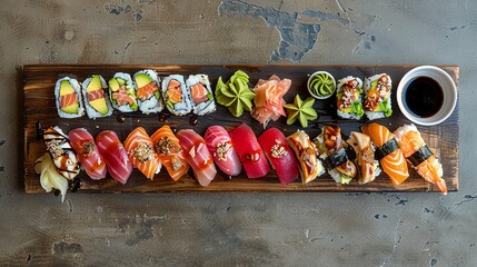A vertical image of a diverse sushi assortment on a rustic wooden plank - Powered by Adobe