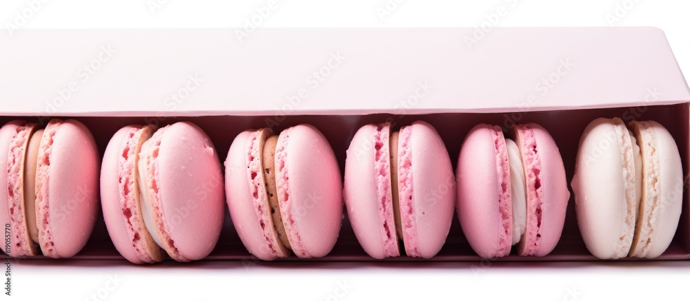 Poster pink dessert macaron or macaroons in a box on a white background copy space
