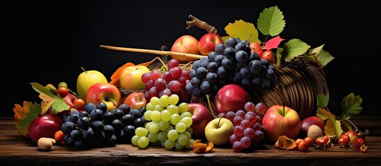 autumn fruits still life on black wooden table background. copy space available