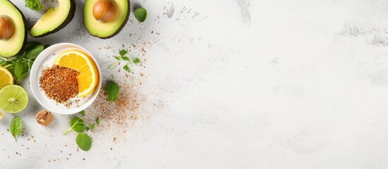 Whole grain toasts plated avocado with eggs mini herbs sunflower seeds served on a ceramic white board over grey concrete background top view long wide banner background Diet food concept
