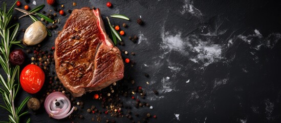Steak with spices and herbs on a black stone background Meat Banner Top view Free space for your text. copy space available
