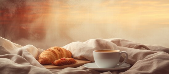 The ultimate breakfast experience sipping morning coffee in the comfort of your own bed with a serene copy space image