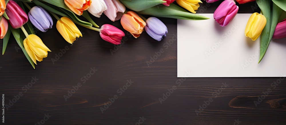 Poster easter greeting card with tulips and easter eggs top view flat lay with space for your greetings. co