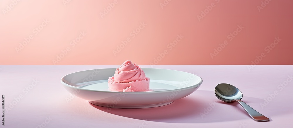 Aufkleber scoops pink ice cream on plate at table background. copy space available
