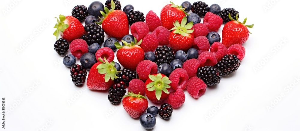 Poster a copy space image of heart shaped fresh mixed berries isolated on a white background perfect for va