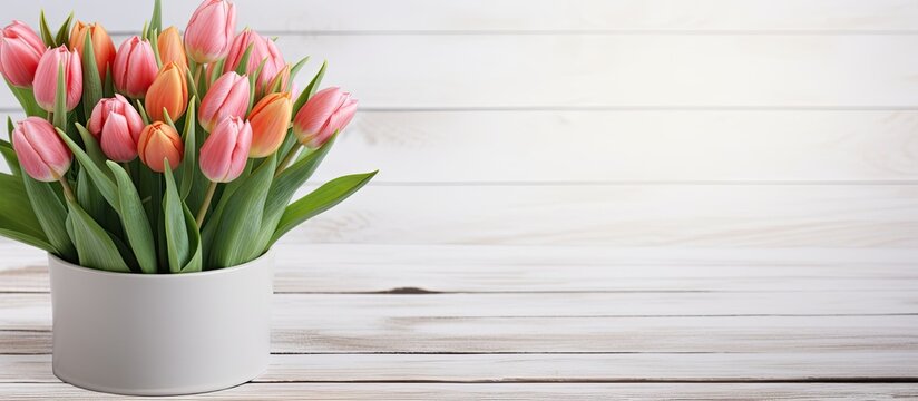 bouquet tulips jug flowerpot white wooden background. copy space available
