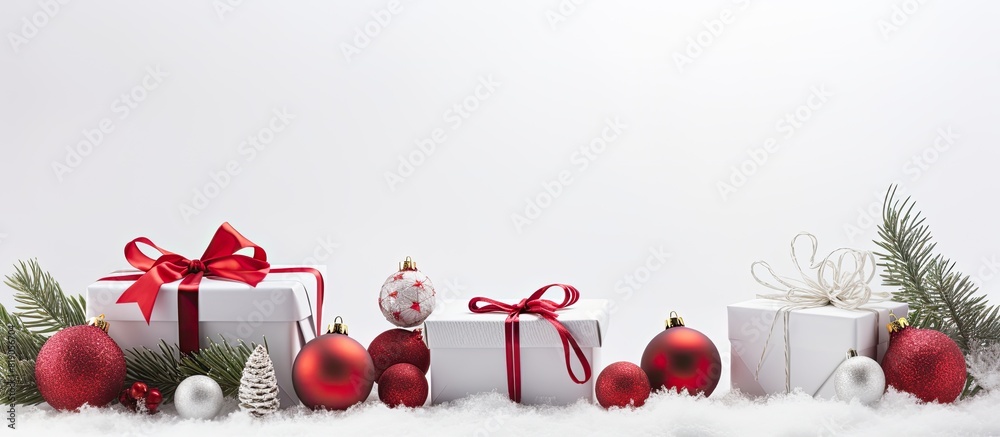 Poster christmas composition on a white background with white gift boxes with a red ribbon with fir branche