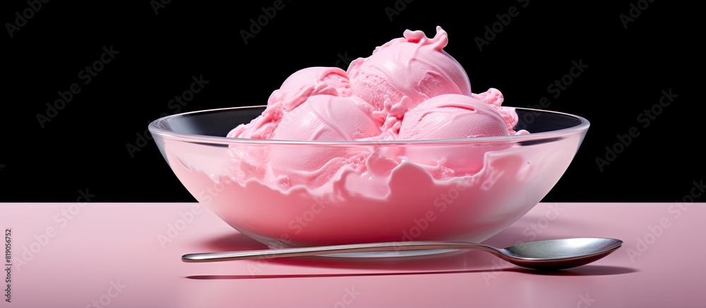 Aufkleber scoops pink ice cream on plate at table background. copy space available