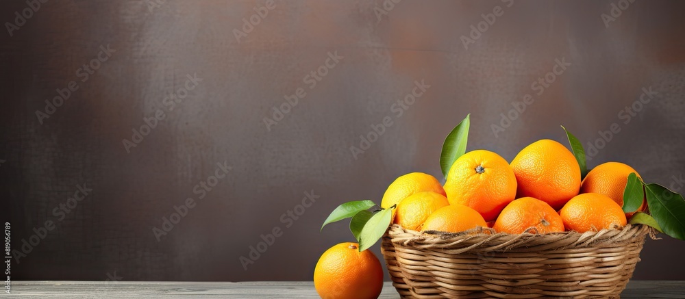 Poster the wicker basket on the table holds fresh juicy oranges with ample room for text in the image