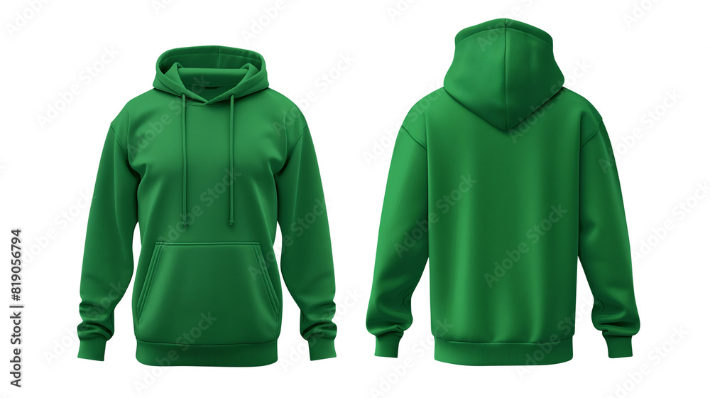 Wall mural green blank hoodie template from two sides isolated on transparent white background, clipping path