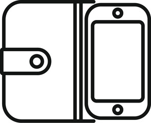 Vector illustration of a simple, minimalist wallet and smartphone icon for mobile banking and online finance management in black and white. Perfect for web and app design