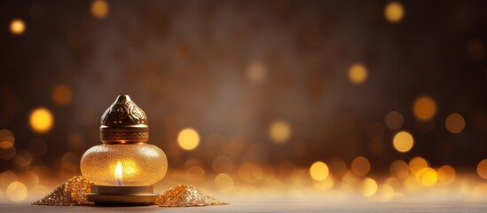 burning candle in an oriental lamp on shiny sand background with golden lights ramadan invitation card banner with copy space
