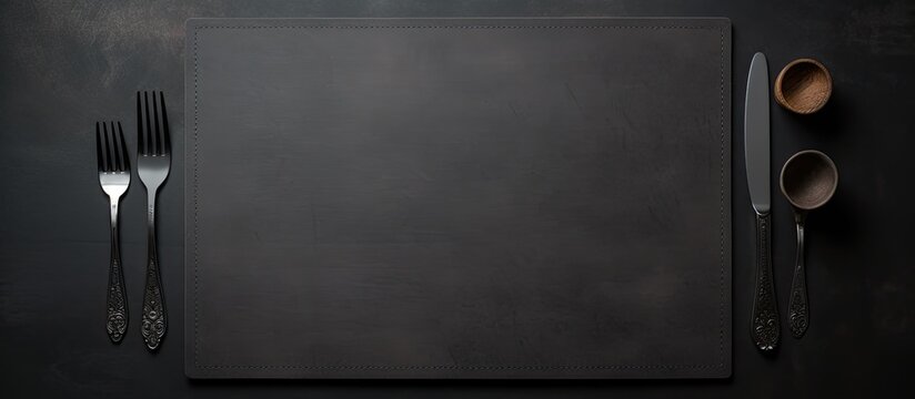 Fine cutlery on black placemat as menu board top view. copy space available