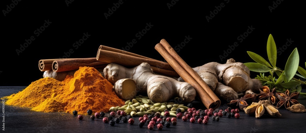Poster Spices such as ground turmeric curcuma root cinnamon ginger and black pepper are arranged on a grey background to create a visually appealing copy space image representing the ingredients for a turme
