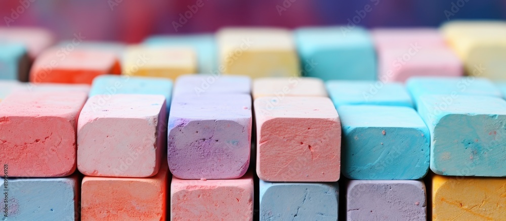 Poster bunch of square colorful pastel chalks closeup background. copy space available