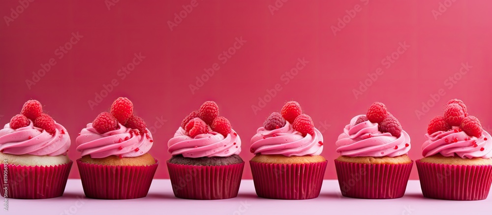 Aufkleber tasty raspberry cupcakes on pink background with space for text. copy space available