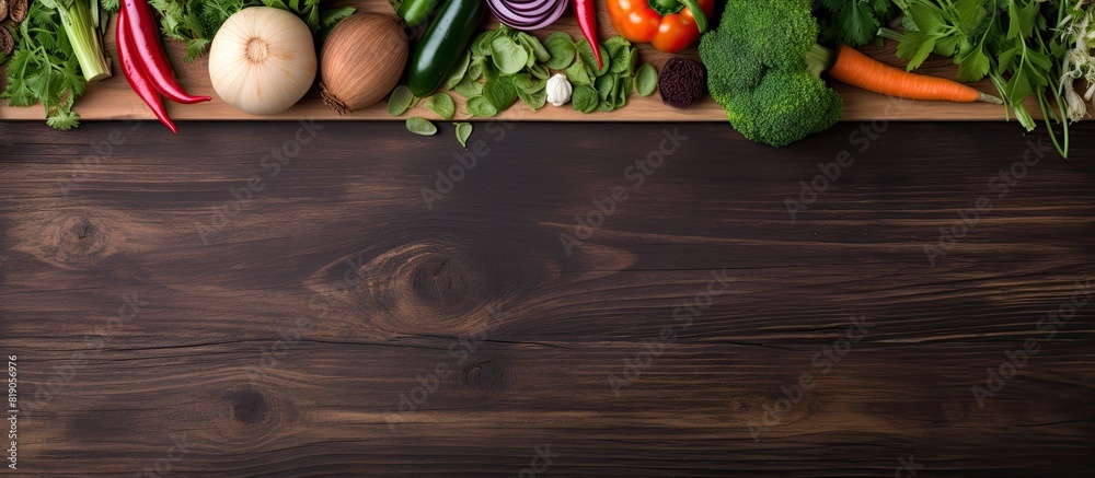 Poster Fresh herbs and vegetables on a wooden board creating a frame Healthy food background with space for copy text