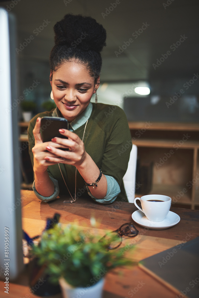 Poster cellphone, computer and business woman in office with coffee networking on social media, app or inte