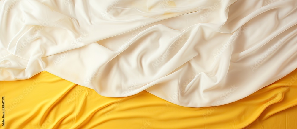 Aufkleber background for design white frame on yellow rumpled fabric flat lay copy space