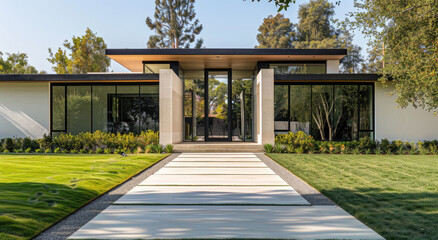 A front view of the exterior of an American mid-century modern home in Livermore, California, with a white and grey color scheme accented with green