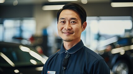 A cheerful Asian car mechanic, 25-30 years old, in uniform, looks at the camera while in a car dealership against the backdrop of cars. repair work at a car service center