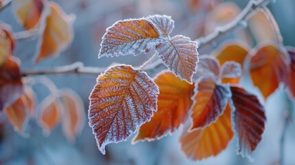 Obraz premium Delicate frost on autumn leaves.