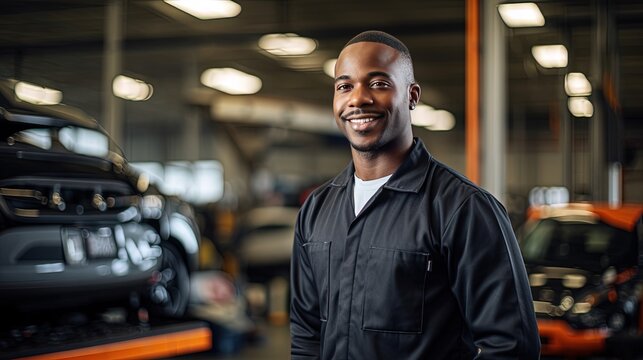 a smiling African-American car mechanic 25-30 years old in a uniform looks at the camera while in a car dealership against the backdrop of cars. repair work at a car service center
