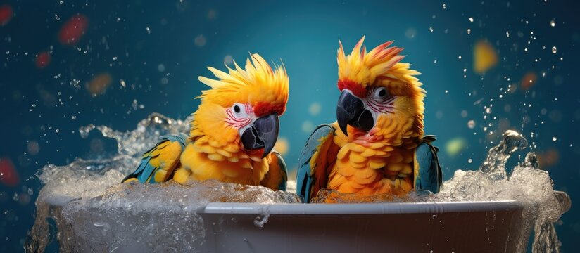 A cupple of argentine parrots in their bath. copy space available