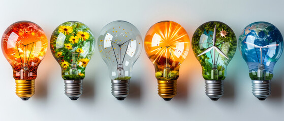 Row of lightbulbs with different images inside. A set of light bulbs with different images inside