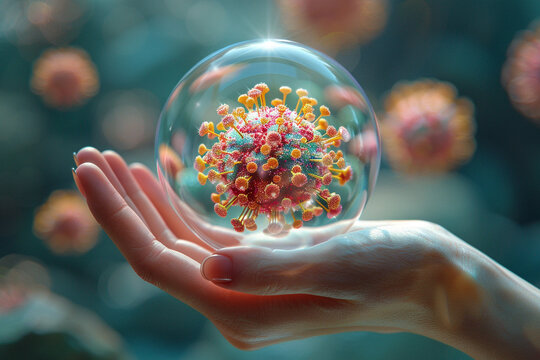 Capture the defense mechanism of the immune system with a hand holding a protective bubble close up, focus on bubble  whimsical  Double exposure  Laboratory backdrop